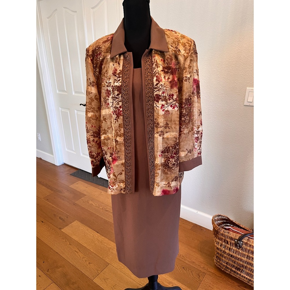 RM Richards Dress Set Womens 12 Brown EUC Vintage 90s Floral Jacket 2 Pc